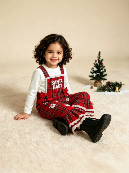 Wholesale 12M-5Y Girls Christmas Plaid Suspender Overalls, Soft Woven Candy Cane Santa Patch Flare Leg Bow Jumpsuit