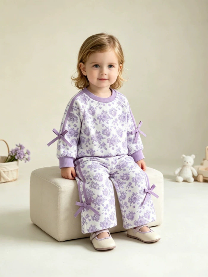 Wholesale 6M-4T Girls 2Pcs Floral Bow Stripe Sweatshirt Outfit Set, Soft Cotton Knit Raglan Sleeve Top & Straight Leg Pants