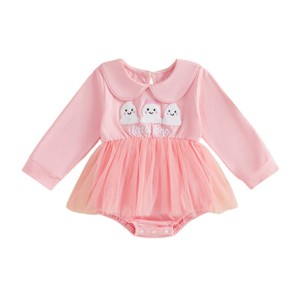 Wholesale 0-18M Baby Girls Halloween Peter Pan Collar Tulle Tutu Romper, Soft Cotton Knit Embroidery Long Sleeve Skirted Bodysuit