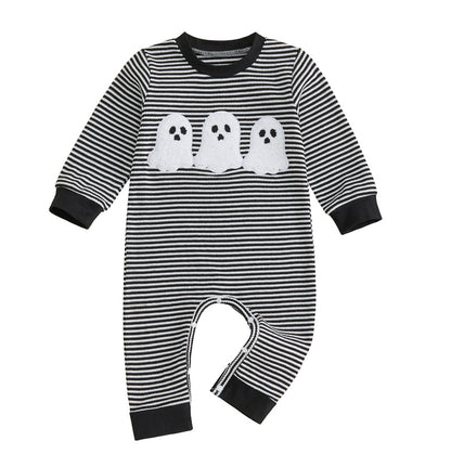 Wholesale 6M-4T Boys Striped Half Zip Polo Sweatshirt, Soft Knit Halloween Ghost Pumpkin Towel Embroidery Long Sleeve Top