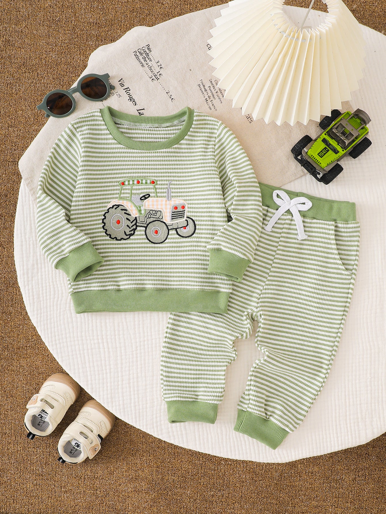 Wholesale 6M-4T Boys 2Pcs Stripe Tractor Embroidery Outfit Set, Soft Rib Knit Casual Crew Neck Sweatshirt & Jogger Pants