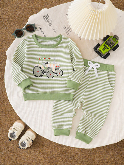 Wholesale 6M-4T Boys 2Pcs Stripe Tractor Embroidery Outfit Set, Soft Rib Knit Casual Crew Neck Sweatshirt & Jogger Pants