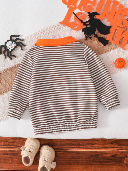 Wholesale 6M-4T Boys Striped Half Zip Polo Sweatshirt, Soft Knit Halloween Ghost Pumpkin Towel Embroidery Long Sleeve Top