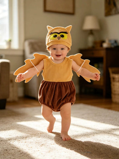 Wholesale 0-18M Baby Boys 2Pcs Owl Costume Velvet Bodysuit Set, Soft Plush Halloween Character Outfit With Matching Hat