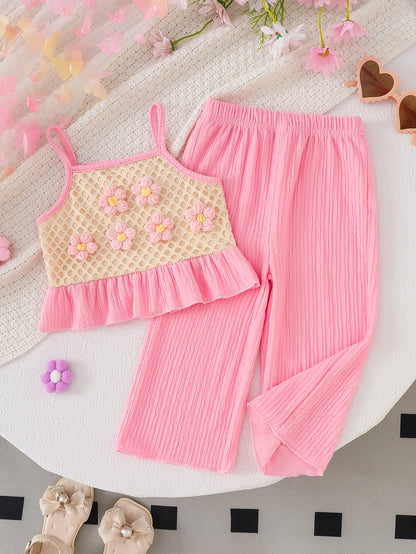 Wholesale 6M-4T Girls 2Pcs 3D Flower Mesh Cami Top Wide Leg Pants Outfit Set, Kids Soft Crinkle Fabric Summer Casual Two Piece Set