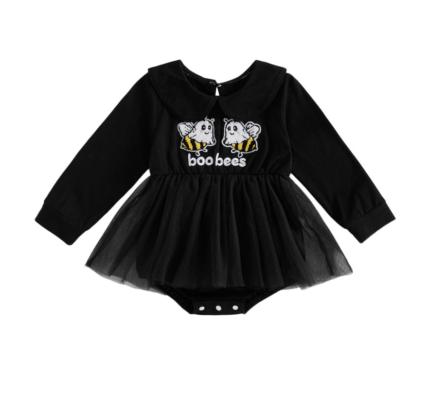 Wholesale 0-18M Baby Girls Halloween Peter Pan Collar Tulle Tutu Romper, Soft Cotton Knit Embroidery Long Sleeve Skirted Bodysuit