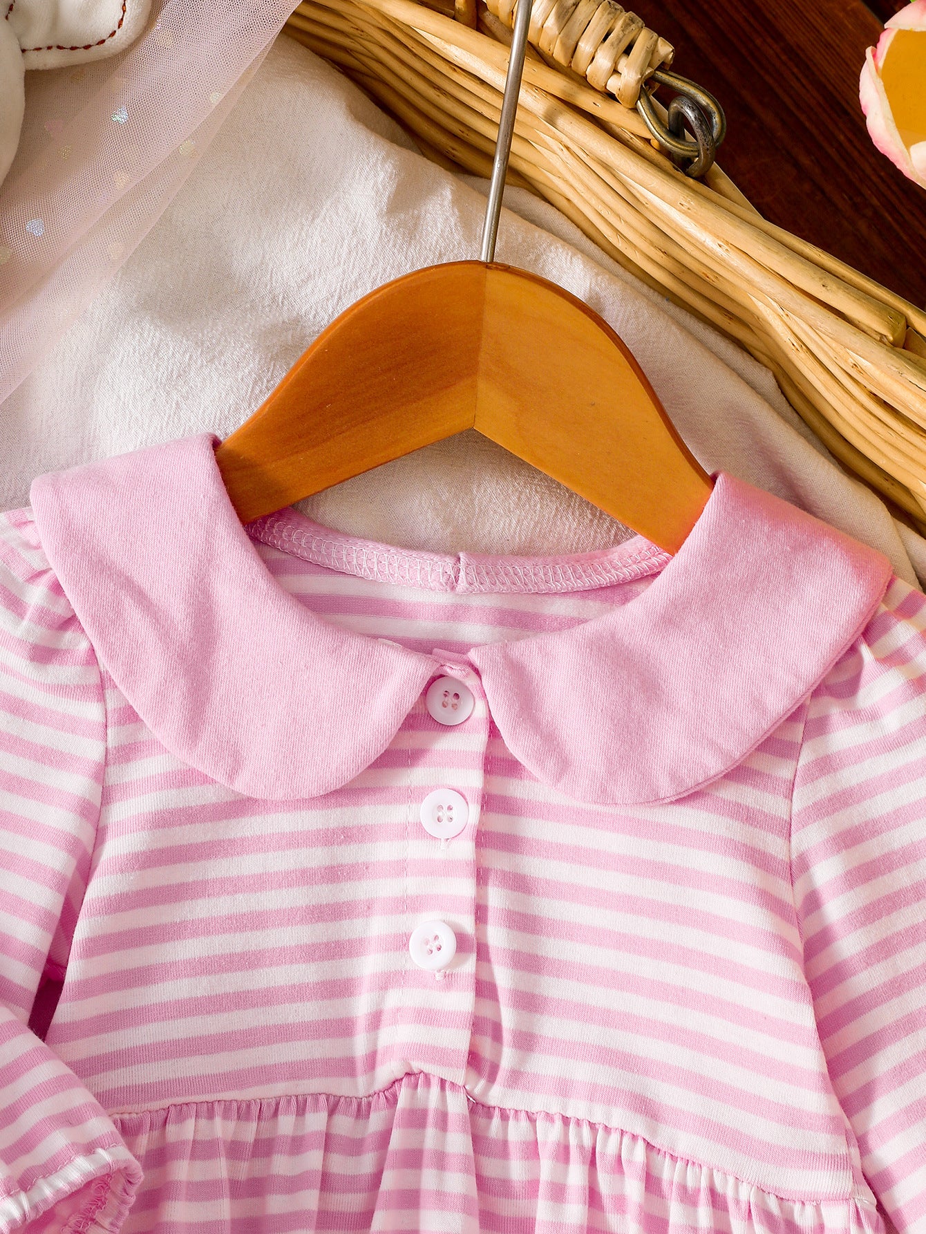 Wholesale 0-18M Baby Girls Striped Peter Pan Collar Long Sleeve Bubble Romper, Soft Cotton Knit Button Front Casual Bodysuit