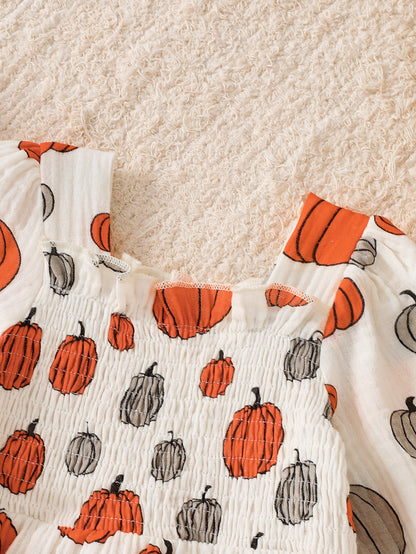 Wholesale 6M-4T Girls Square Neck Halloween Print Smocked Long Sleeve Dress, Soft Crinkle Woven Toddler A-Line Casual Dress