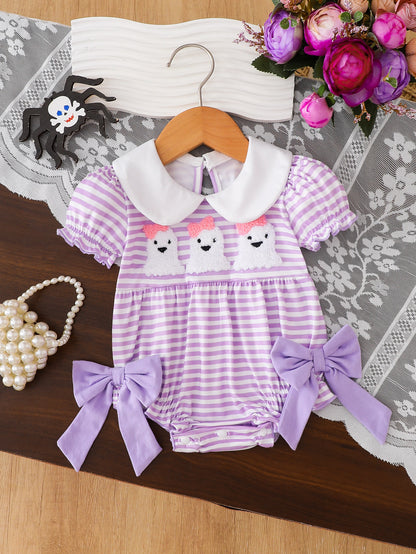 Wholesale 0-18M Baby Girls Peter Pan Collar Striped Ghost Towel Embroidery Bodysuit, Soft Knit Halloween Short Sleeve Romper