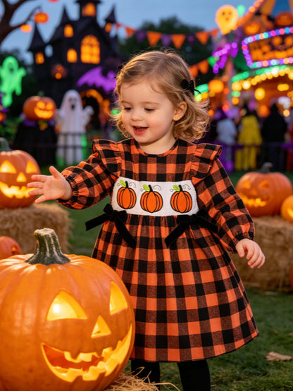 Wholesale 6M-5Y Girls Ruffle Plaid Pumpkin Embroidery Woven Dress, Kids Halloween Soft Buffalo Plaid Casual Dress