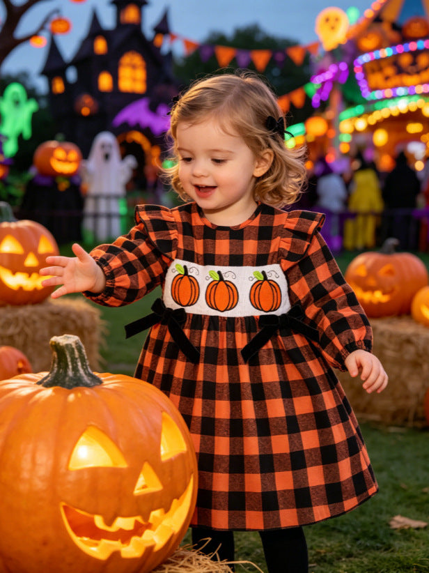 Wholesale 6M-5Y Girls Ruffle Plaid Pumpkin Embroidery Woven Dress, Kids Halloween Soft Buffalo Plaid Casual Dress