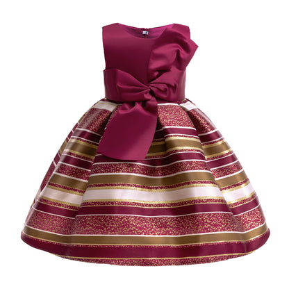 Wholesale 2-10Y Girls Sleeveless Big Bow Striped Jacquard Princess Dress, Kids Birthday Party Soft Woven Formal Gown