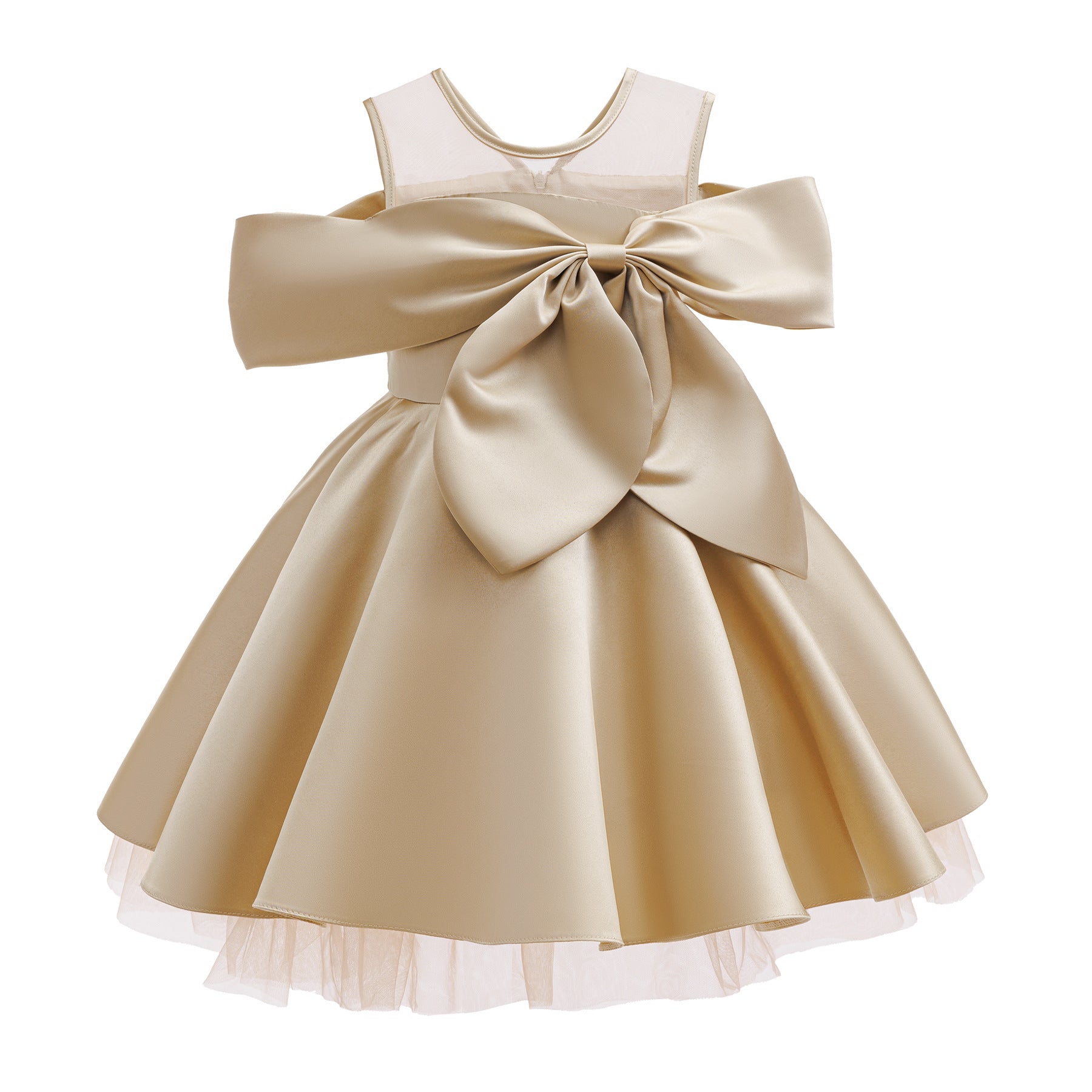 Wholesale 2-10Y Girls Mesh Sleeveless Big Bow Satin Princess Dress, Kids Birthday Party Soft Satin Formal Gown