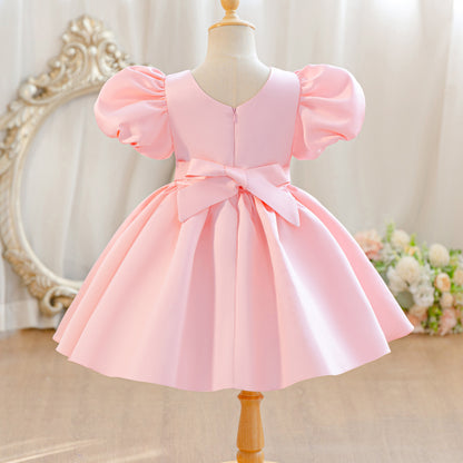 Wholesale 2-10Y Girls Puff Sleeve Rhinestone Floral Woven Princess Dress, Kids Birthday Party Soft Woven Formal Gown