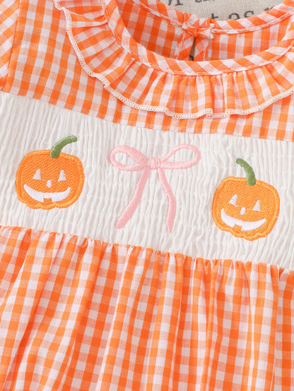Wholesale 0-18M Baby Girls Ruffle Collar Orange Gingham Pumpkin Embroidery Bodysuit, Soft Woven Halloween Short Sleeve Romper