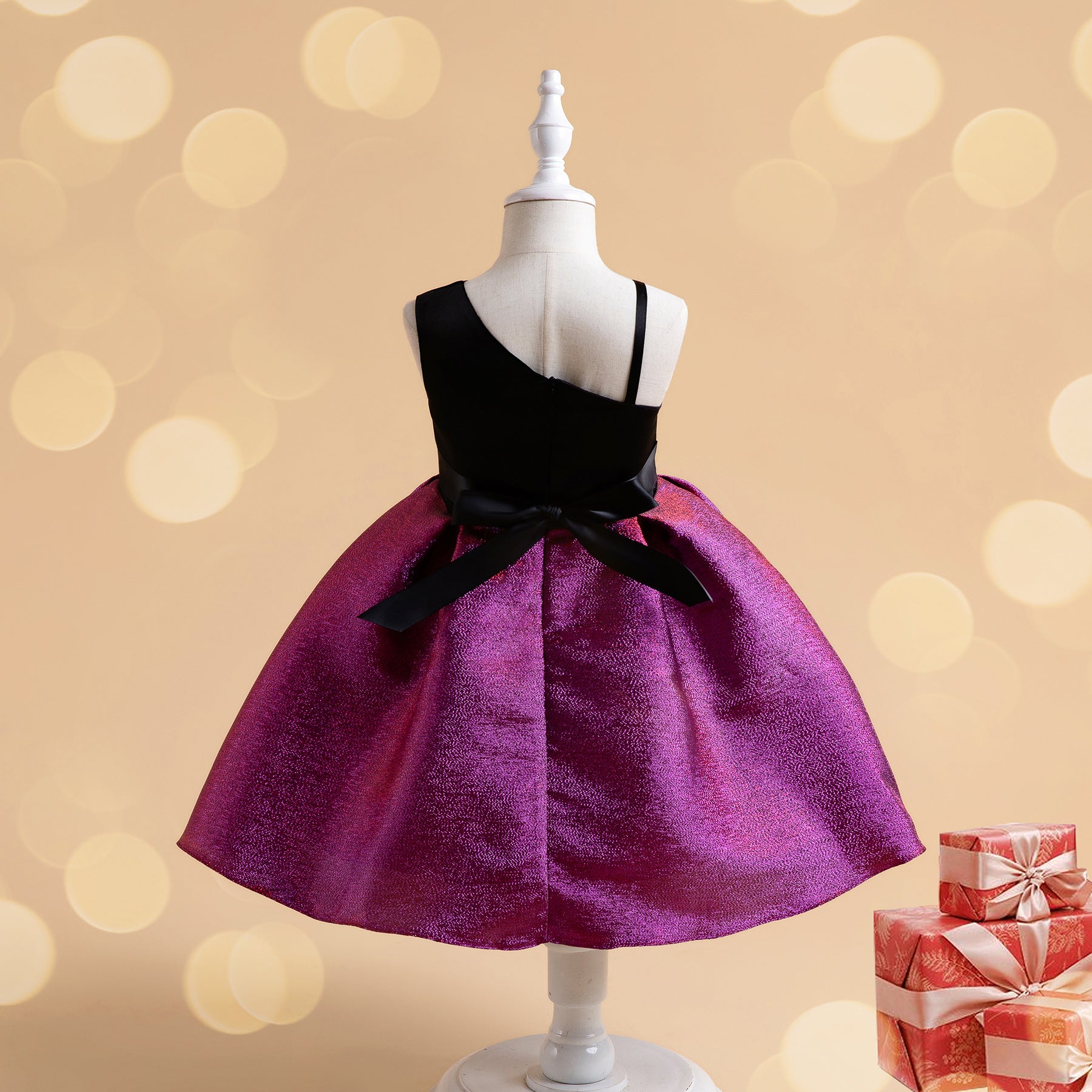Wholesale 2-10Y Girls Asymmetrical Spaghetti Strap Big Bow Color Block Woven Princess Dress, Kids Birthday Party Soft Shimmer Woven Formal Gown