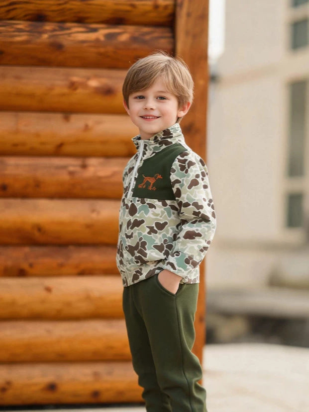 Wholesale 6M-4T Boys 2Pcs Camo Dog Embroidery Half Zip Sweatshirt Outfit Set, Soft Cotton Knit Hunting Style Toddler Top & Jogger Pants