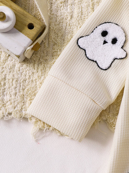 Wholesale 0-18M Baby Girls 2Pcs Ruffle Zipper Halloween Towel Embroidery Jumpsuit Set, Soft Waffle Knit Pumpkin Ghost Romper With Bow Headband