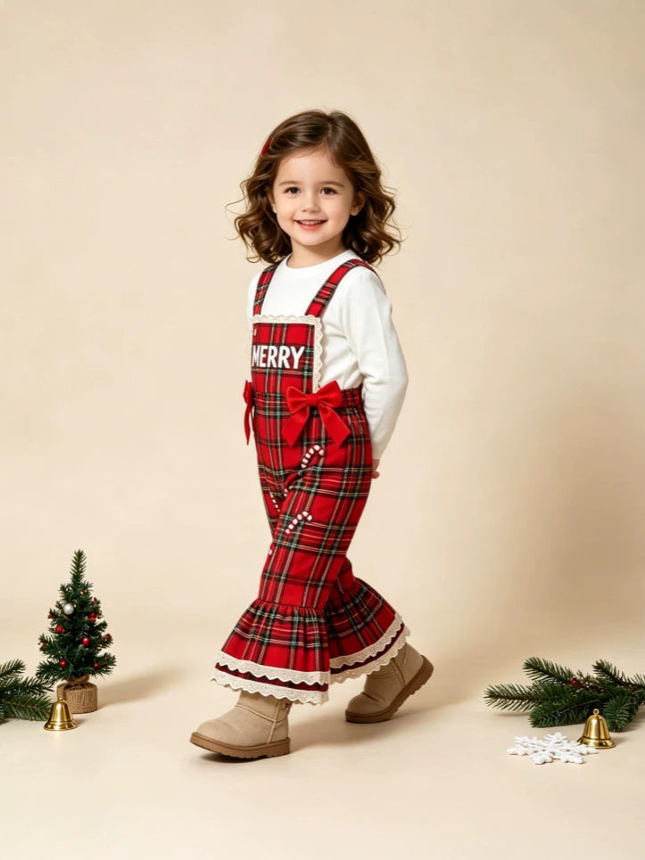 Wholesale 12M-5Y Girls Christmas Plaid Suspender Overalls, Soft Woven Candy Cane Santa Patch Flare Leg Bow Jumpsuit