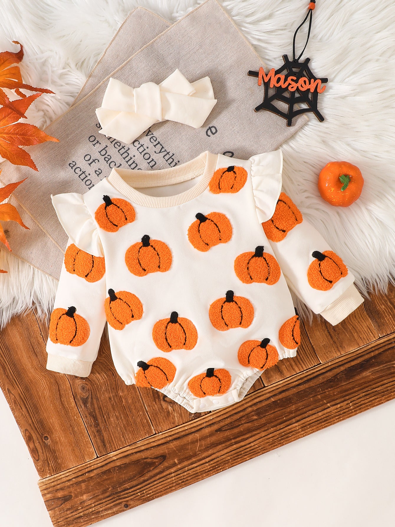 Wholesale 0-18M Baby Girls 2Pcs Ruffle Sleeve Halloween Towel Embroidery Bodysuit Set, Soft Knit Ghost Pumpkin Romper With Bow Headband