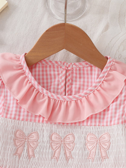 Wholesale 6M-5Y Girls Ruffle Collar Gingham Bow Applique Woven Dress, Kids Soft Long Sleeve Sweet Plaid Casual Dress