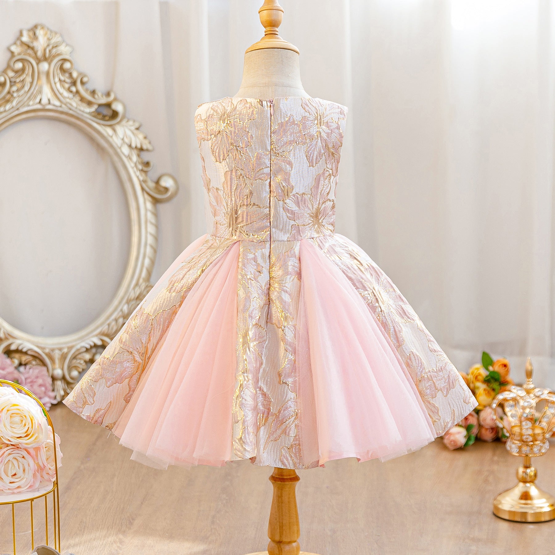 Wholesale 2-10Y Girls Sleeveless Gold Floral Jacquard Tulle Princess Dress, Kids Birthday Party Soft Woven Formal Gown