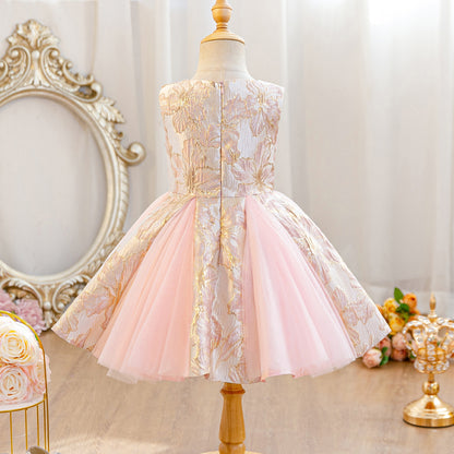 Wholesale 2-10Y Girls Sleeveless Gold Floral Jacquard Tulle Princess Dress, Kids Birthday Party Soft Woven Formal Gown