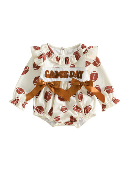 Wholesale 0-18M Baby Girls Ruffle Football Print Waffle Knit Bodysuit, Soft Game Day Long Sleeve Halloween Romper