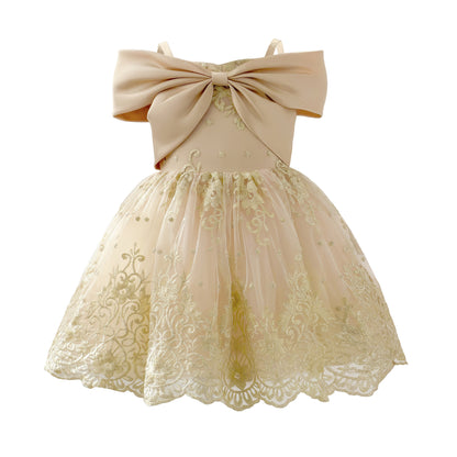Wholesale 2-10Y Girls Spaghetti Strap Big Bow Embroidery Lace Tulle Princess Dress, Kids Birthday Party Soft Mesh Formal Gown