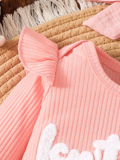 Wholesale 0-9M Baby Girls 3Pcs Daisy Rib Knit Outfit Set, Soft Waffle Rib Flutter Sleeve Bodysuit Flare Pants With Bow Headband