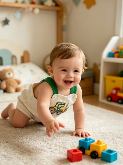 Wholesale 0-18M Baby Boys Tractor Embroidery Suspender Bubble Romper, Soft Vertical Rib Knit Sleeveless Overalls Bodysuit