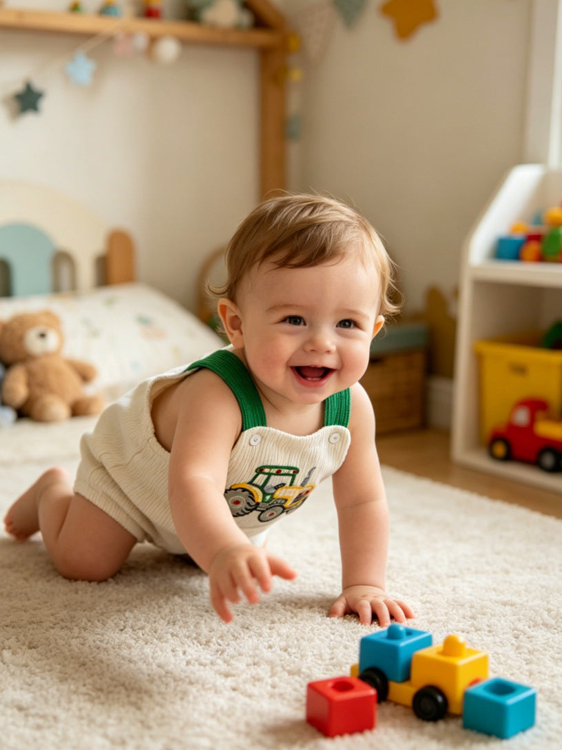 Wholesale 0-18M Baby Boys Tractor Embroidery Suspender Bubble Romper, Soft Vertical Rib Knit Sleeveless Overalls Bodysuit
