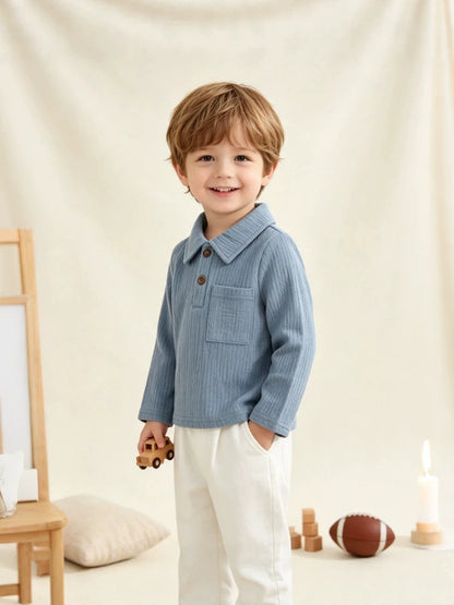 Wholesale 6M-3T Baby Boys Collared Long Sleeve Polo Shirt, Soft Crinkle Gauze Casual Pocket Kids Top