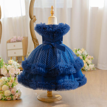 Wholesale 18M-7Y Girls Ruffle Tulle Polka Dot Princess Dress, Kids Birthday Party Rhinestone Bow Soft Mesh Formal Gown