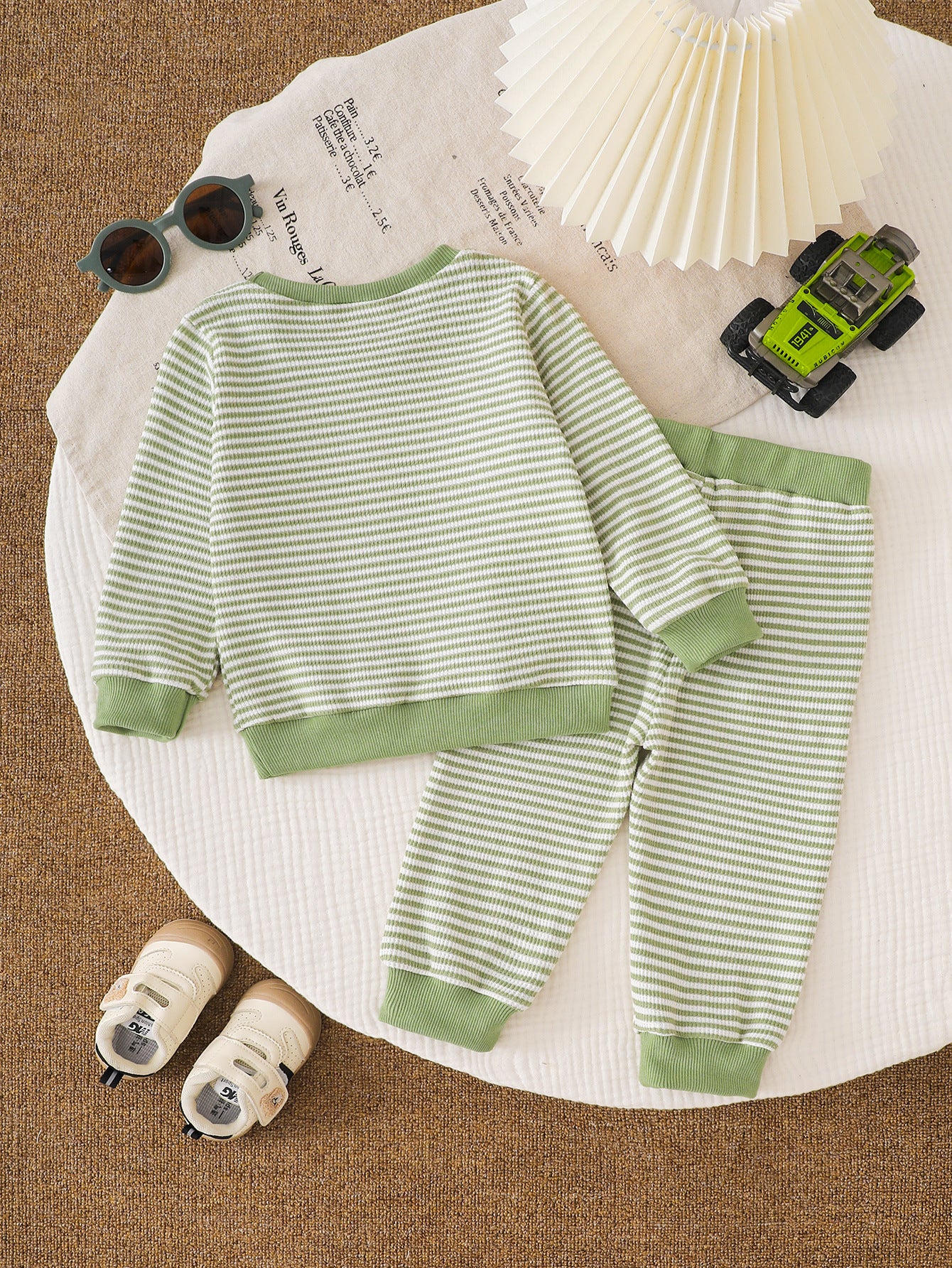 Wholesale 6M-4T Boys 2Pcs Stripe Tractor Embroidery Outfit Set, Soft Rib Knit Casual Crew Neck Sweatshirt & Jogger Pants