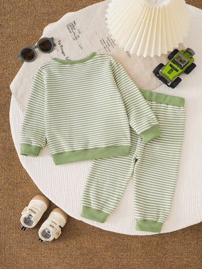 Wholesale 6M-4T Boys 2Pcs Stripe Tractor Embroidery Outfit Set, Soft Rib Knit Casual Crew Neck Sweatshirt & Jogger Pants