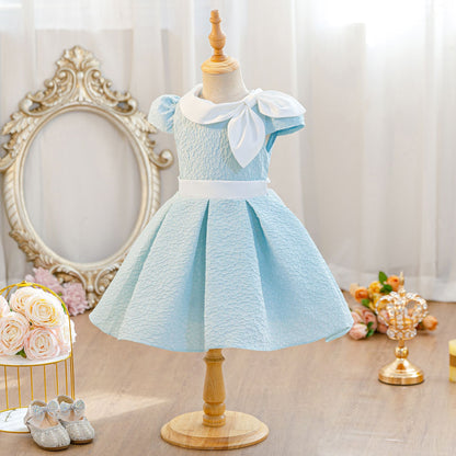 Wholesale 2-10Y Girls Puff Sleeve Peter Pan Bow Embossed Woven Princess Dress, Kids Birthday Party Soft Textured Formal Gown