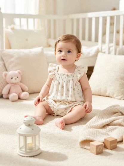 Wholesale 0-18M Baby Girls 2Pcs Floral Smocked Waffle Gauze Outfit Set, Soft Crinkle Sleeveless Cami Top & Bloomer Shorts Set