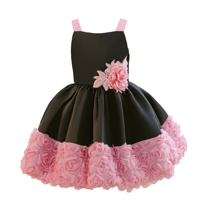 Wholesale 2-10Y Girls Spaghetti Strap 3D Rose Woven Tulle Princess Dress, Kids Birthday Party Rhinestone Applique Soft Fabric Formal Gown