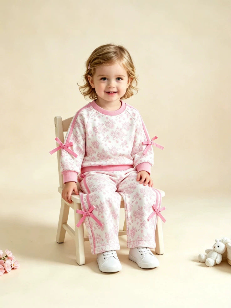Wholesale 6M-4T Girls 2Pcs Floral Bow Stripe Sweatshirt Outfit Set, Soft Cotton Knit Raglan Sleeve Top & Straight Leg Pants