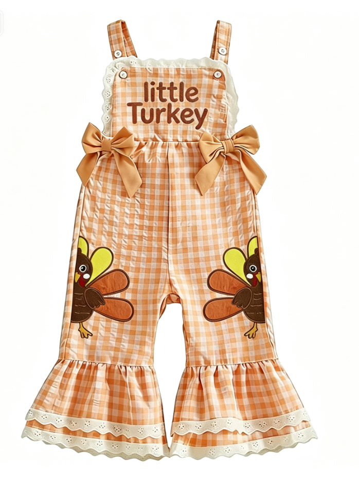 Wholesale 12M-5Y Girls Gingham Turkey Embroidery Overalls, Soft Woven Thanksgiving Bow Flare Leg Suspender Pants