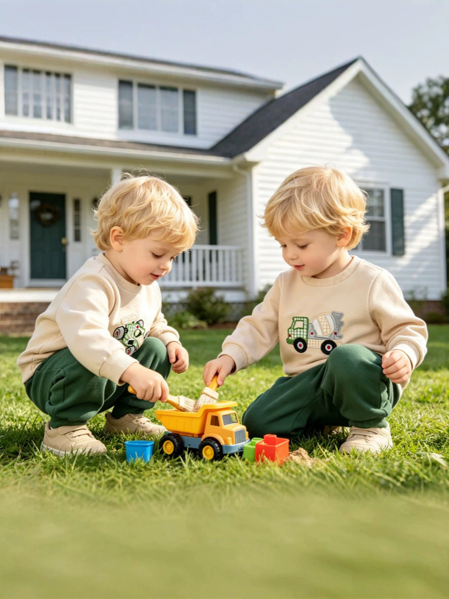 Wholesale 6M-4T Boys 2Pcs Stripe Tractor Embroidery Outfit Set, Soft Rib Knit Casual Crew Neck Sweatshirt & Jogger Pants（副本）