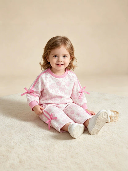 Wholesale 6M-4T Girls 2Pcs Floral Bow Stripe Sweatshirt Outfit Set, Soft Cotton Knit Raglan Sleeve Top & Straight Leg Pants