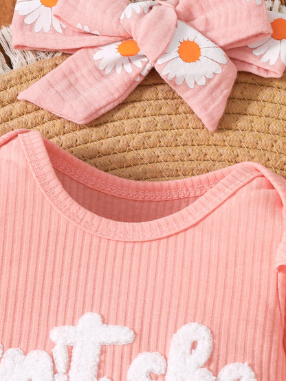 Wholesale 0-9M Baby Girls 3Pcs Daisy Rib Knit Outfit Set, Soft Waffle Rib Flutter Sleeve Bodysuit Flare Pants With Bow Headband