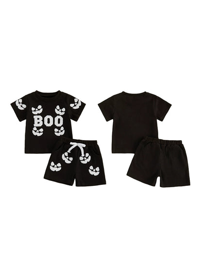Wholesale 6M-4T Boys 2Pcs Waffle Knit Halloween Towel Embroidery Outfit Set, Kids Soft Thermal Halloween Short Sleeve Top & Shorts Set