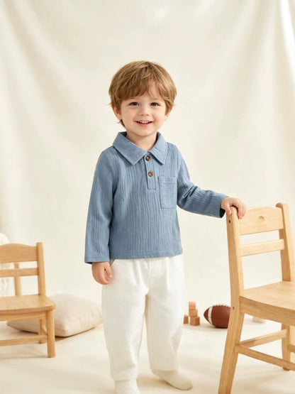 Wholesale 6M-3T Baby Boys Collared Long Sleeve Polo Shirt, Soft Crinkle Gauze Casual Pocket Kids Top