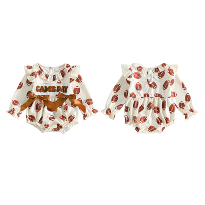 Wholesale 0-18M Baby Girls Ruffle Football Print Waffle Knit Bodysuit, Soft Game Day Long Sleeve Halloween Romper
