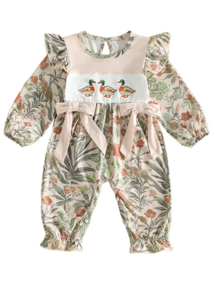 Wholesale 0-18M Baby Girls Duck Embroidery Flutter Sleeve Long Sleeve Jumpsuit, Soft Stretch Printed Casual Baby Bodysuit
