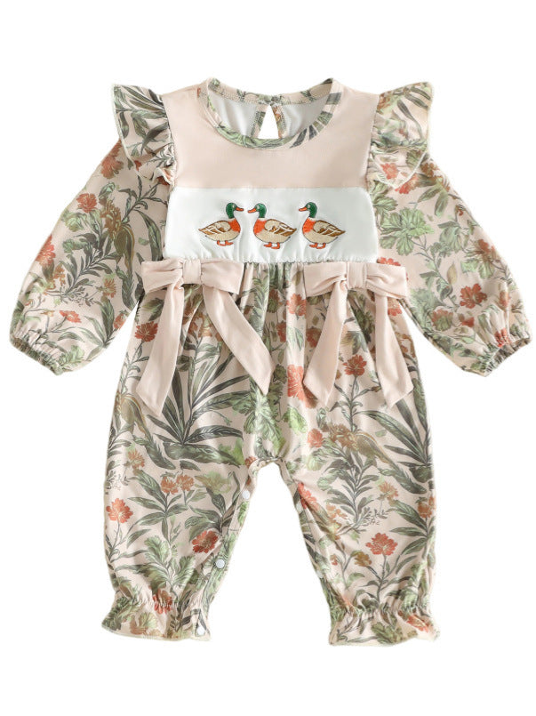 Wholesale 0-18M Baby Girls Duck Embroidery Flutter Sleeve Long Sleeve Jumpsuit, Soft Stretch Printed Casual Baby Bodysuit