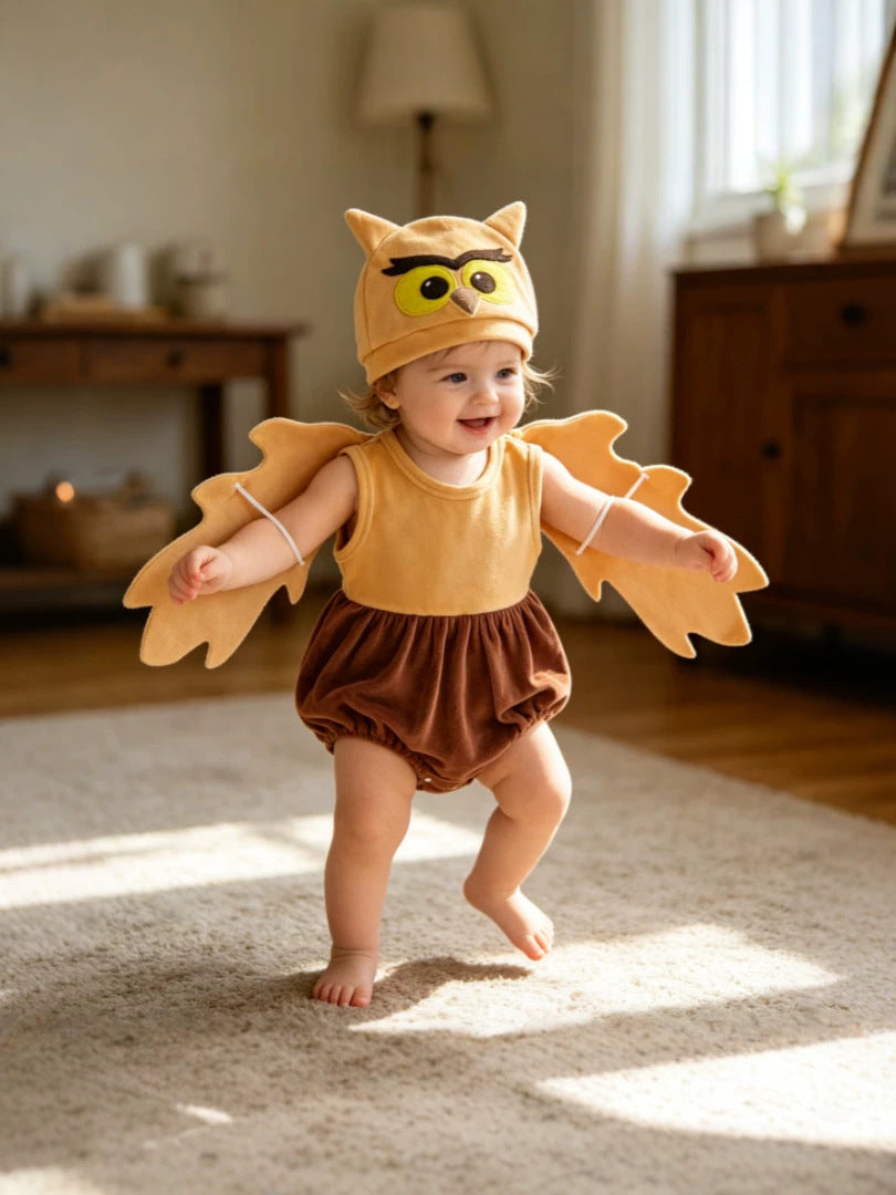 Wholesale 0-18M Baby Boys 2Pcs Owl Costume Velvet Bodysuit Set, Soft Plush Halloween Character Outfit With Matching Hat